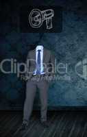 Composite image of headless businessman with megaphone doodle