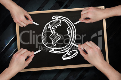 Composite image of multiple hands drawing globe with chalk