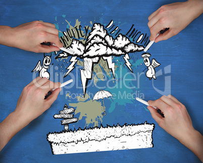 Composite image of multiple hands drawing money doodle with chal