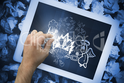 Composite image of hand touching tablet