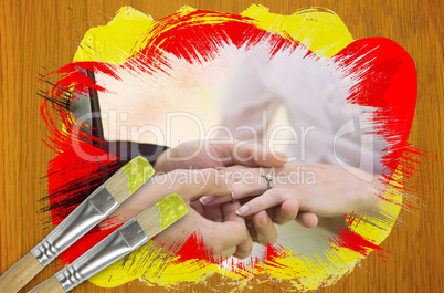 Composite image of groom placing ring on brides finger