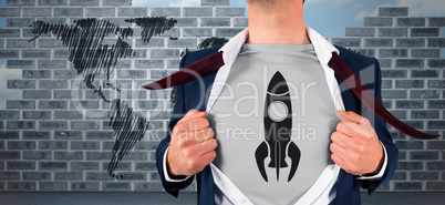 Composite image of businessman opening shirt in superhero style