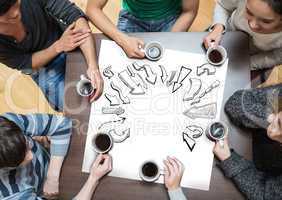 Composite image of people sitting around table drinking coffee