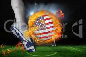Football player kicking flaming usa flag ball