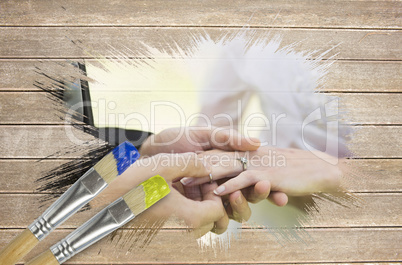 Composite image of groom placing ring on brides finger