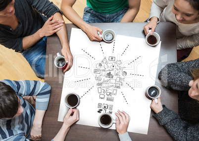 Composite image of people sitting around table drinking coffee