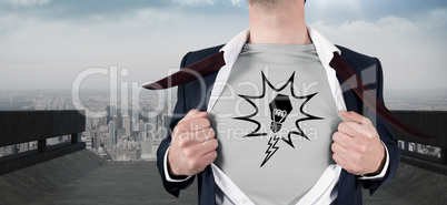 Composite image of businessman opening shirt in superhero style