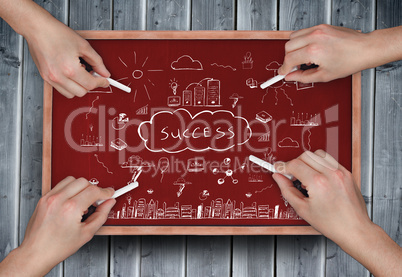 Composite image of multiple hands drawing success doodle with ch