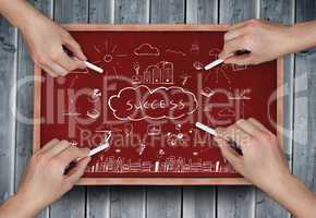 Composite image of multiple hands drawing success doodle with ch