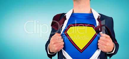 Composite image of businessman opening shirt in superhero style