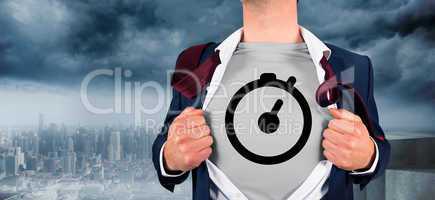 Composite image of businessman opening shirt in superhero style