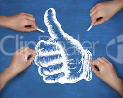 Composite image of multiple hands drawing thumbs up with chalk