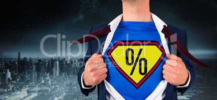 Composite image of businessman opening shirt in superhero style