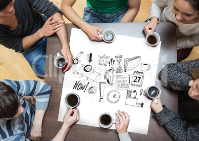 Composite image of people sitting around table drinking coffee