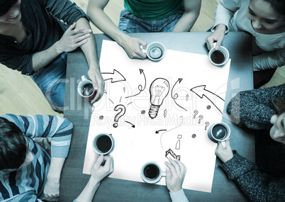 Composite image of people sitting around table drinking coffee