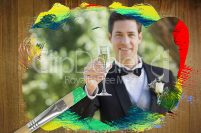 Composite image of groom toasting with champagne