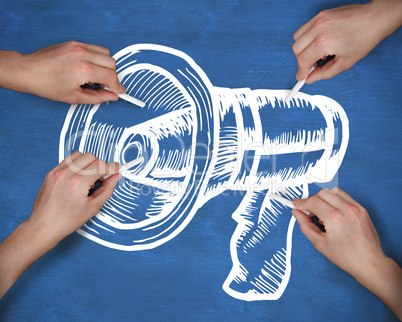 Composite image of multiple hands drawing megaphone with chalk