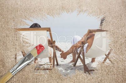 Composite image of couple on the beach in deck chairs