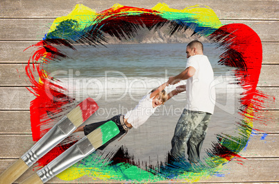 Composite image of father and son on the beach