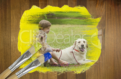 Composite image of siblings and their dog