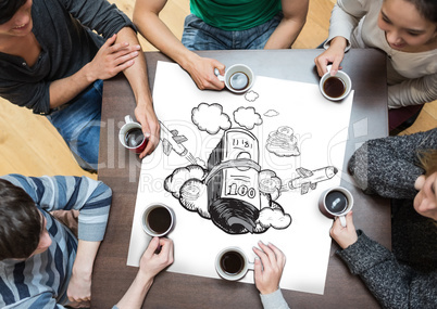 Composite image of people sitting around table drinking coffee