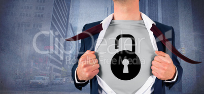 Composite image of businessman opening shirt in superhero style