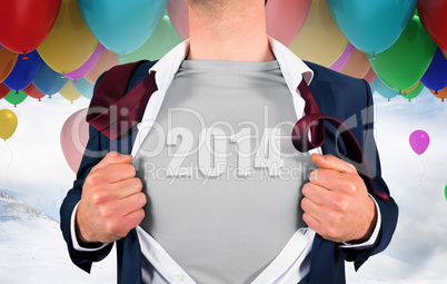 Composite image of businessman opening shirt in superhero style