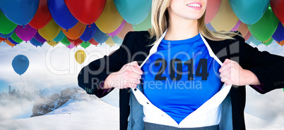 Composite image of businesswoman opening her shirt superhero sty