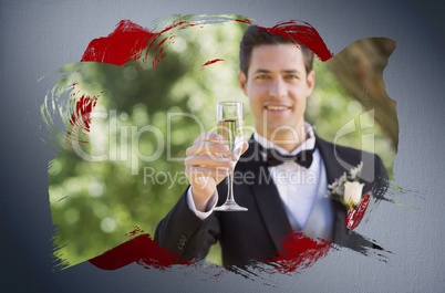 Composite image of groom toasting with champagne