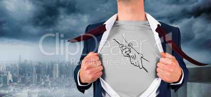 Composite image of businessman opening shirt in superhero style