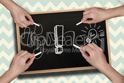 Composite image of multiple hands drawing exclamation mark with