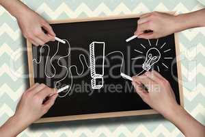 Composite image of multiple hands drawing exclamation mark with