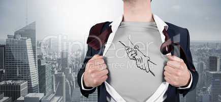 Composite image of businessman opening shirt in superhero style