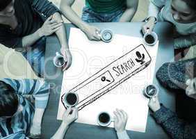 Composite image of people sitting around table drinking coffee