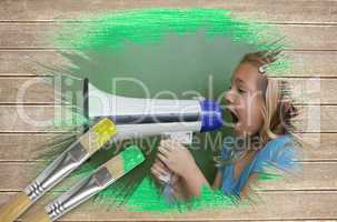 Composite image of little girl with bullhorn