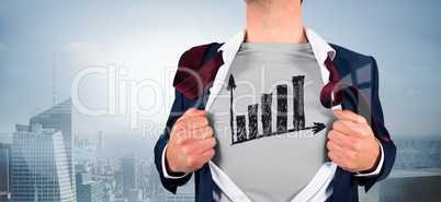 Composite image of businessman opening shirt in superhero style