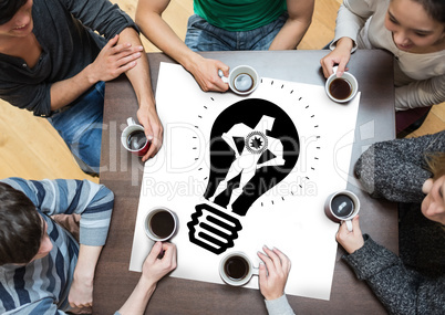 Composite image of people sitting around table drinking coffee