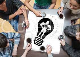 Composite image of people sitting around table drinking coffee