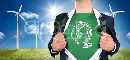 Composite image of businessman opening shirt in superhero style