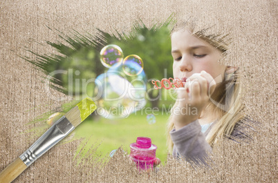 Composite image of little girl blowing bubbles