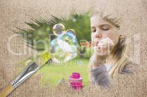 Composite image of little girl blowing bubbles