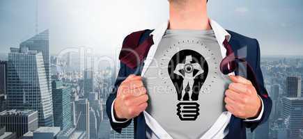 Composite image of businessman opening shirt in superhero style