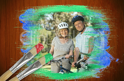 Composite image of senior couple on bikes in the park