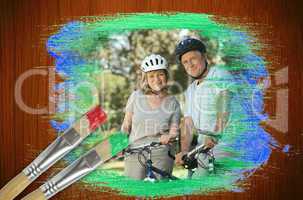 Composite image of senior couple on bikes in the park