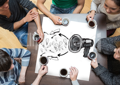 Composite image of people sitting around table drinking coffee