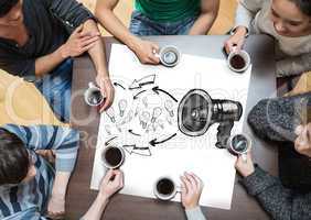Composite image of people sitting around table drinking coffee
