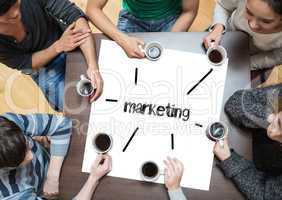 Marketing on page with people sitting around table drinking coff