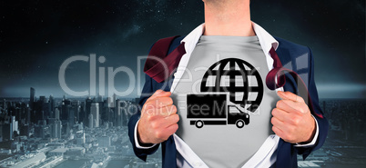 Composite image of businessman opening shirt in superhero style