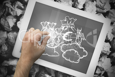 Composite image of hand touching tablet