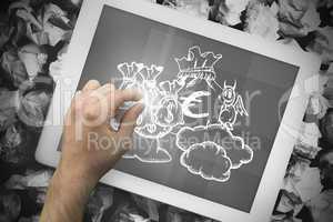 Composite image of hand touching tablet